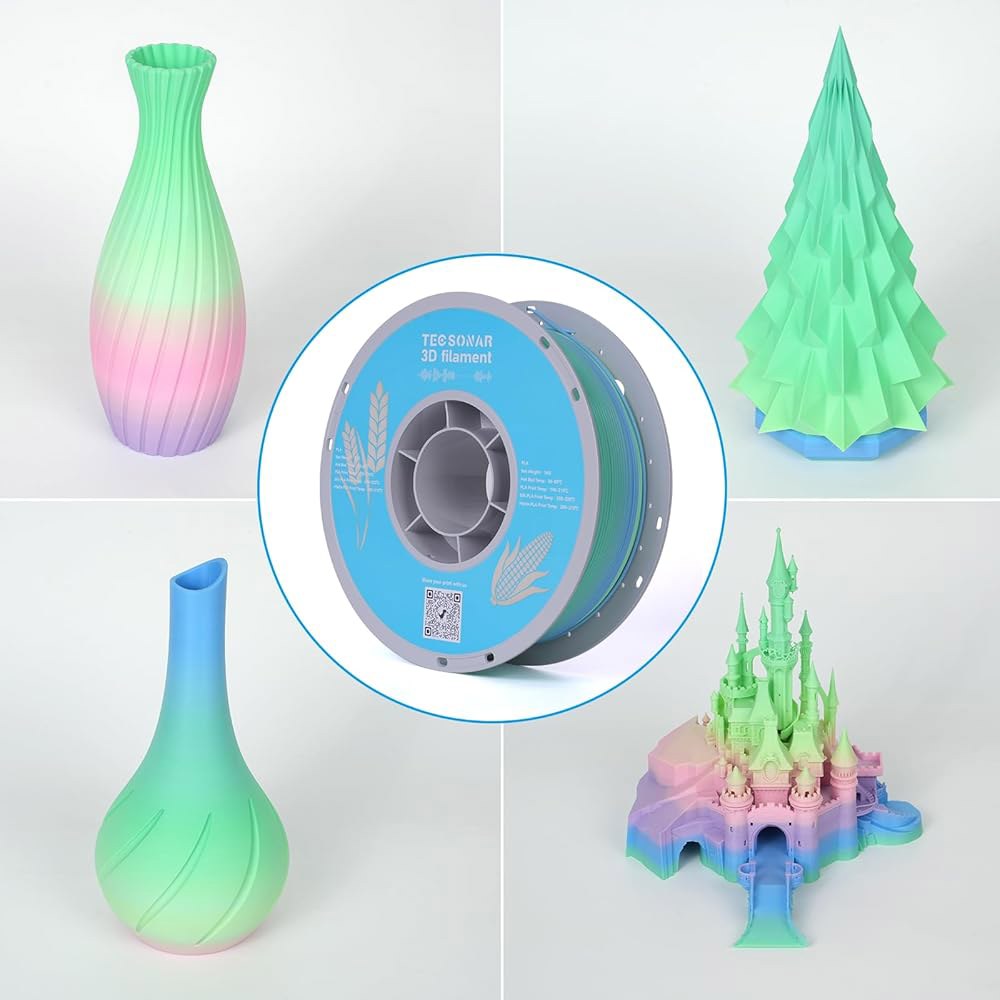 테크소나르 매트 레인보우 PLA 3D 프린터 필라멘트, 1KG 스풀(2.2lbs) 1.75mm 고속 색상 변경 프린팅 재료, 대부분의 FDM 프린터를 위한 다색 그라데이션 - 상세 이미지 2