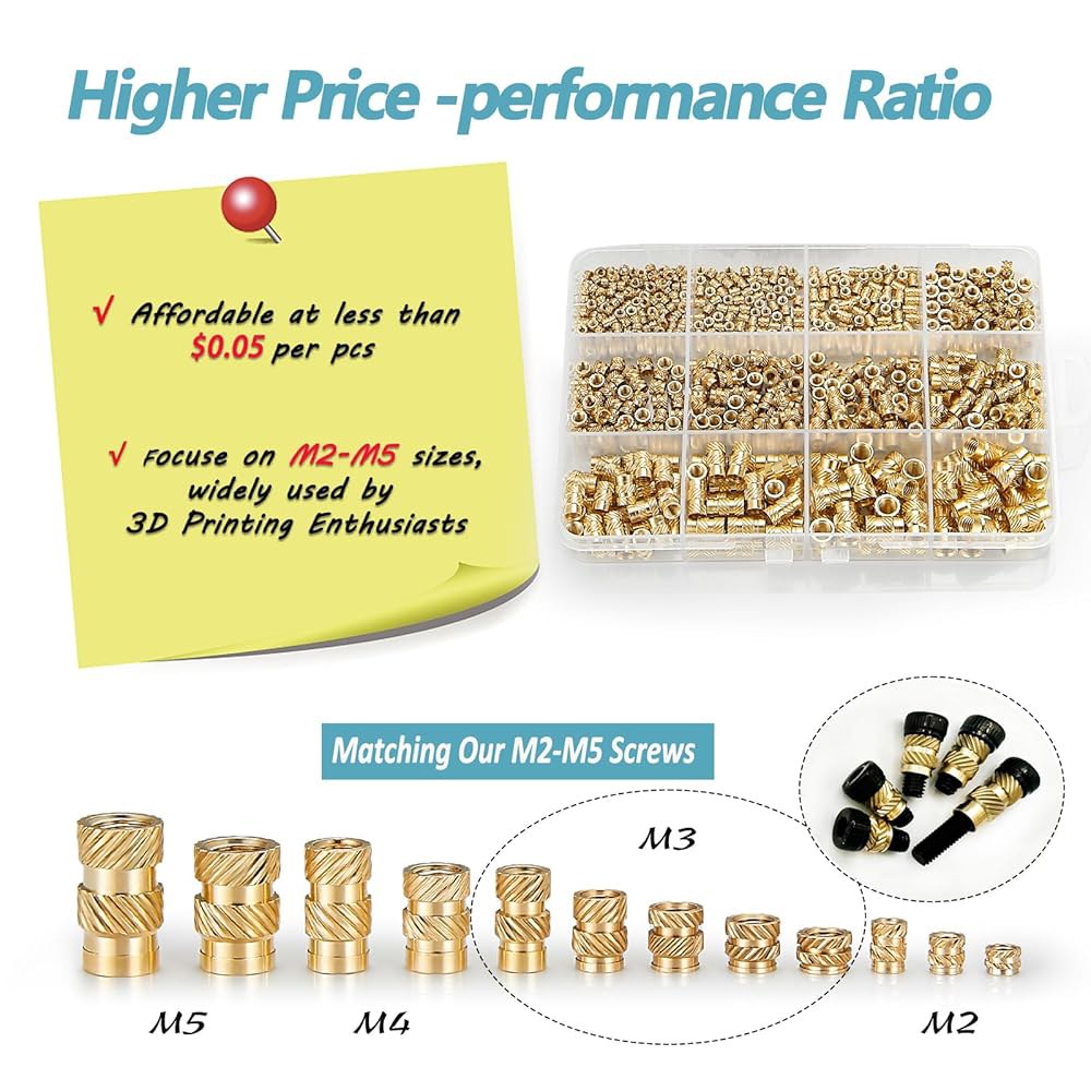 카드릭 520Pcs M2 M3 M4 M5 스레드 인서트 3D 프린팅 부품, 미터법 황동 널드 너트, 플라스틱 부품에 열로 삽입하는 키트 1 M2 H3 D3 200Pcs - 상세 이미지 3