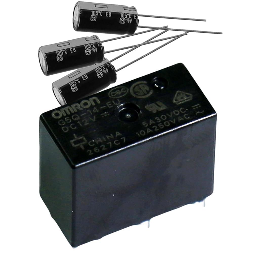 OMRON(G5Q-14-EU 12DC 및 EEU-EB1J221) 파워 릴레이, SPDT, 12VDC, SPDT 12VDC 클래스F 대용량, 밀봉, 220 F, 65V, 커패시터 - 상품 이미지