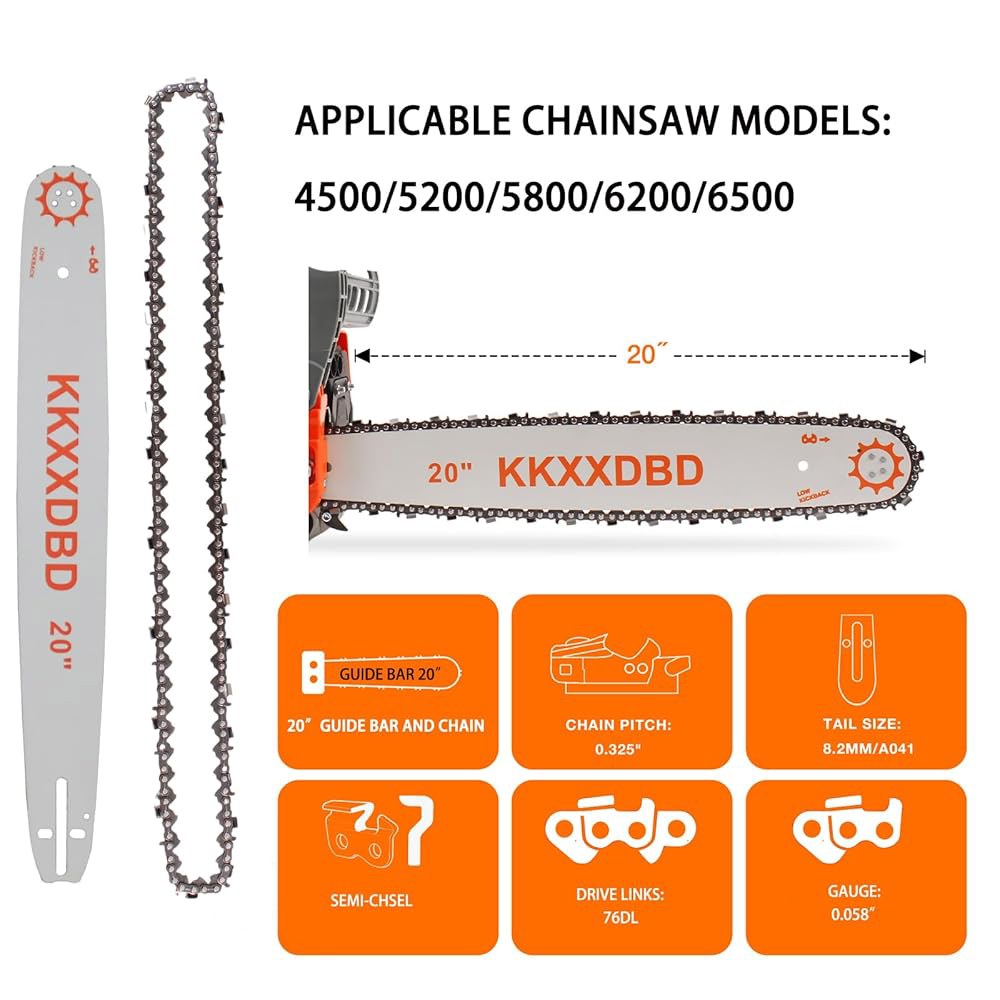 KKXXDBD 20인치 전기톱 가이드 바 및 체인, 전기톱용 사전 컷 교체, .325 u201D 피치, .058 게이지, 76 드라이브 링크. 45CC 52CC 58CC 62CC - 상세 이미지 3