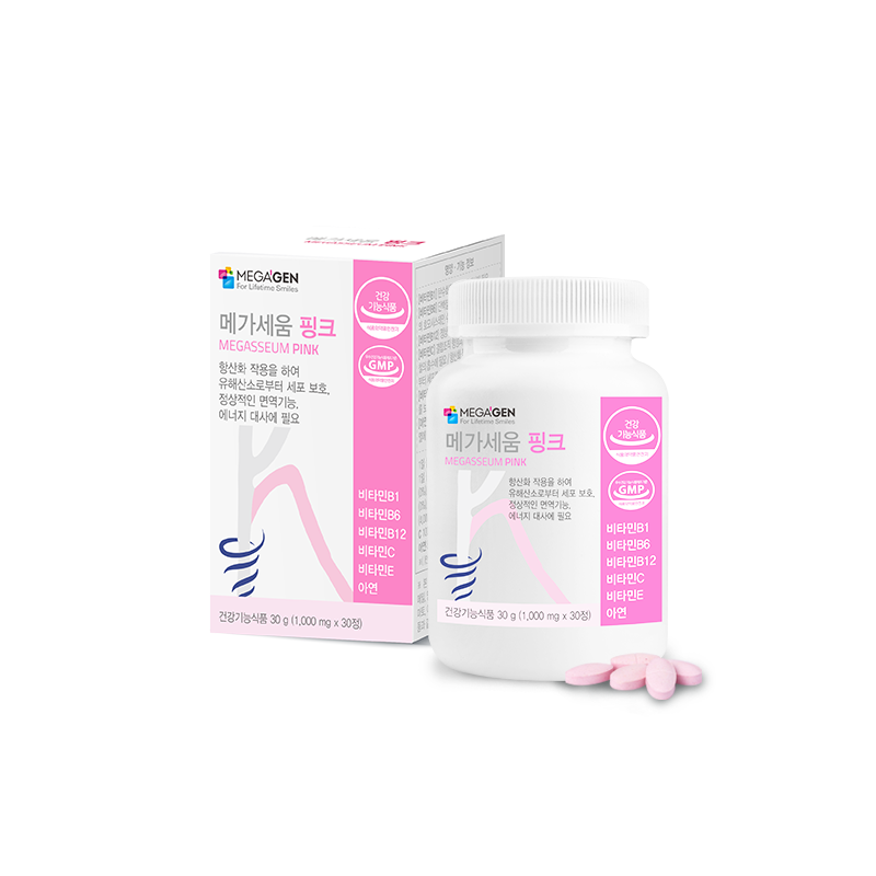 메가세움 핑크 멀티 비타민 B1 B6 B12 C E 아연 1000mg 30정 제품 이미지