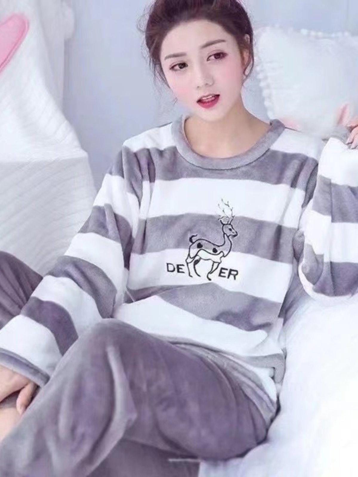 곰돌이 여성 극세사 뽀글이 세트 바지 파자마 잠옷 수면 용 파마자 남자 커플 - 상세 이미지 3