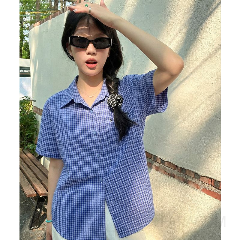 여성 캐주얼 데일리 코튼 체크 포켓 포인트 자수 루즈핏 반팔 셔츠 남방 블라우스 바캉스룩 여유핏 깔끔한 베이직 - 상품 이미지