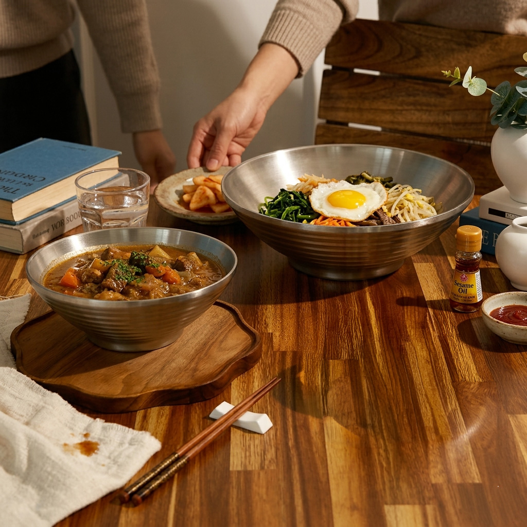 스텐 면기 이중 냉면기 볼 다용도 무광 그릇 비빔기 듀얼 웨이브볼 1개, 18cm, 실버 - 상품 이미지