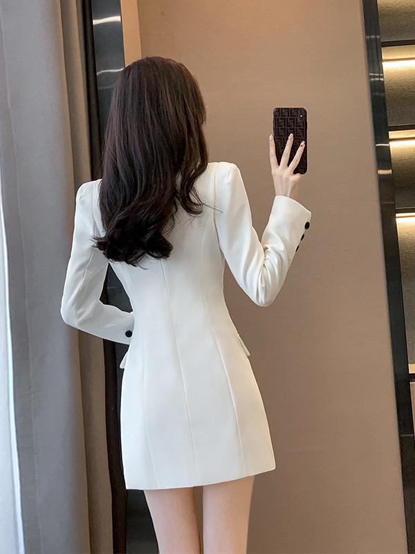 블랙 카라 화이트 더블 정장 원피스 프렌치 스타일 하객 오피스 방송 패션 - 상세 이미지 5