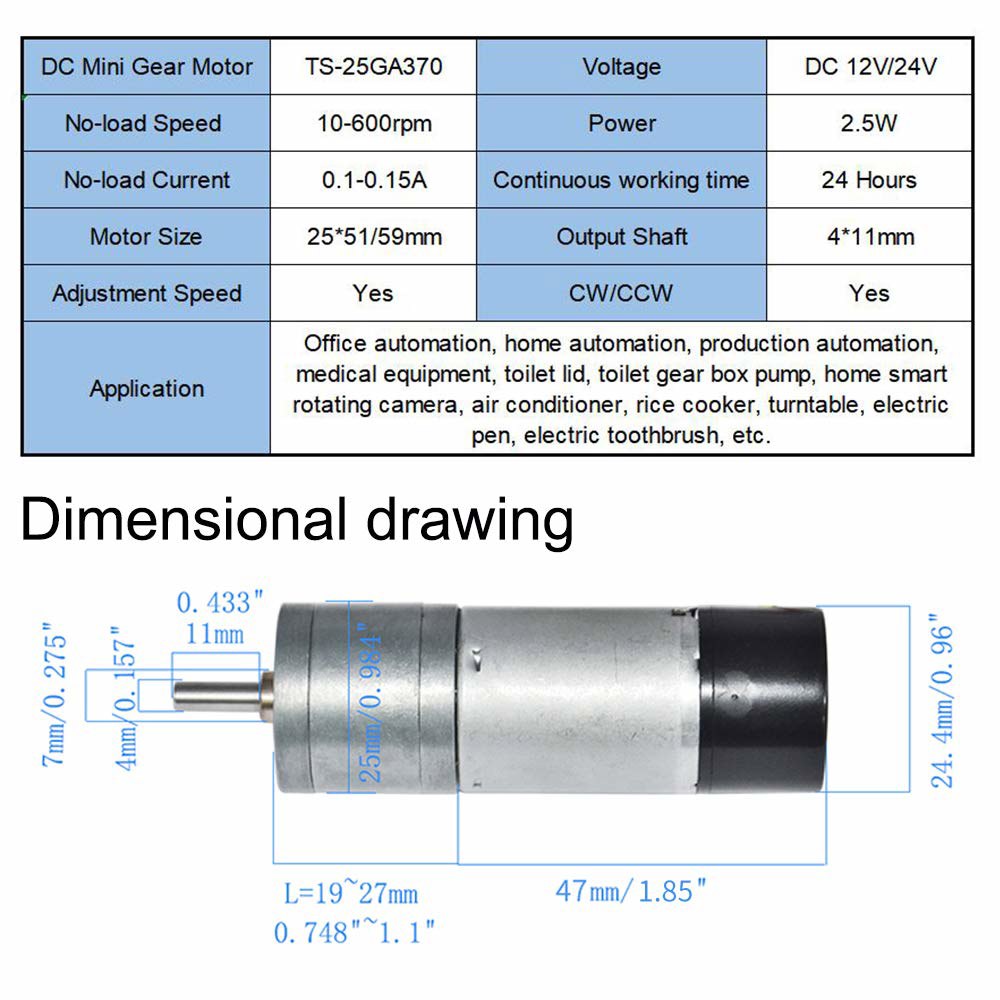 엔코더 금속 기어 모터 12V DC 고속 300RPM 모터(아두이노 및 3D 프린터용 포함) 35RPM 24V - 상세 이미지 2
