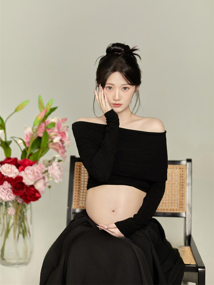블랙 만삭 촬영 옷 상의 임산부 의상 사진 주수 투피스 상의 + 스커트 프리사이즈 - 상품 이미지