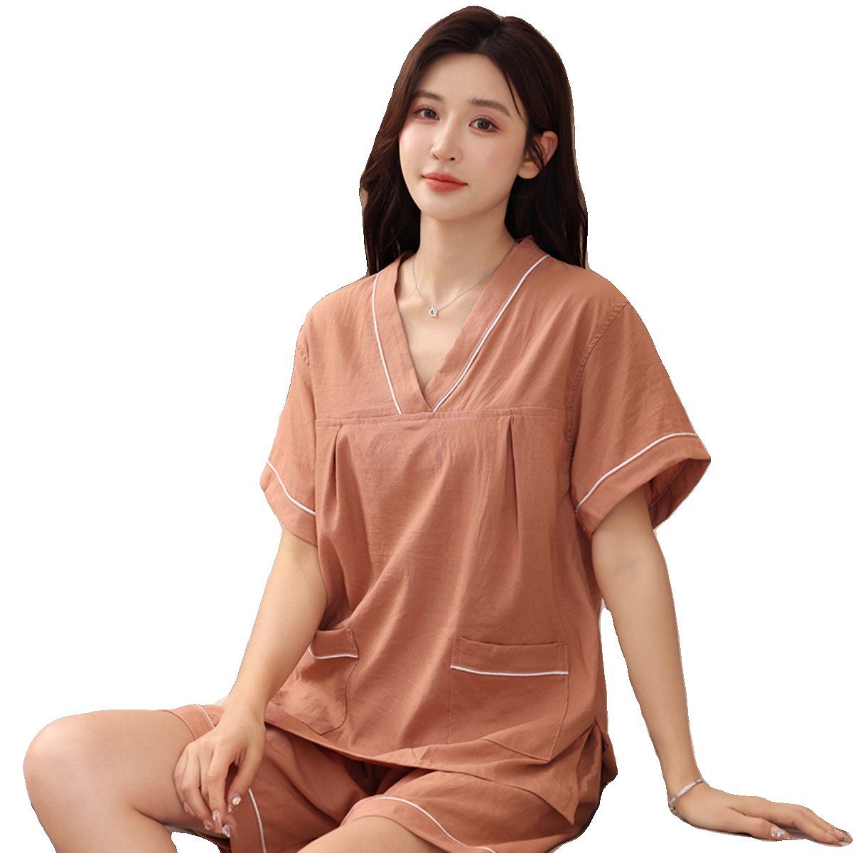 찜질방옷 여성 세트 찜질복 사우나복 반팔 홈웨어 브라운 XL - 상세 이미지 5