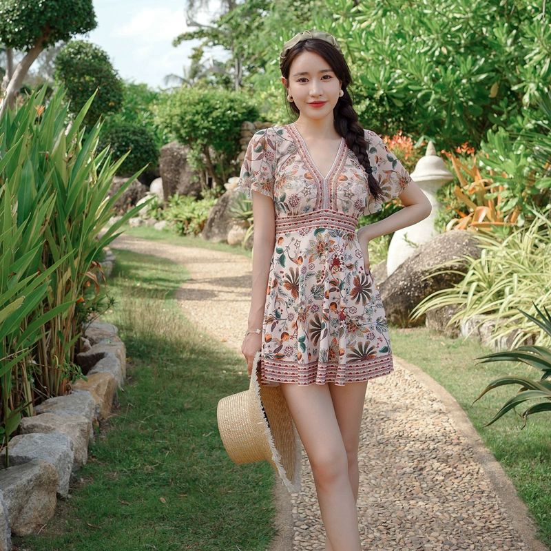 동남아휴양지 커플 수영복 비취웨어 해변 온천 휴양지룩 신혼여행 그린리프 플라워 여성용 M 이미지 8