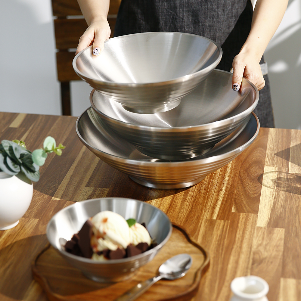 스텐 면기 이중 냉면기 볼 다용도 무광 그릇 비빔기 듀얼 웨이브볼 1개, 18cm, 실버 이미지 8