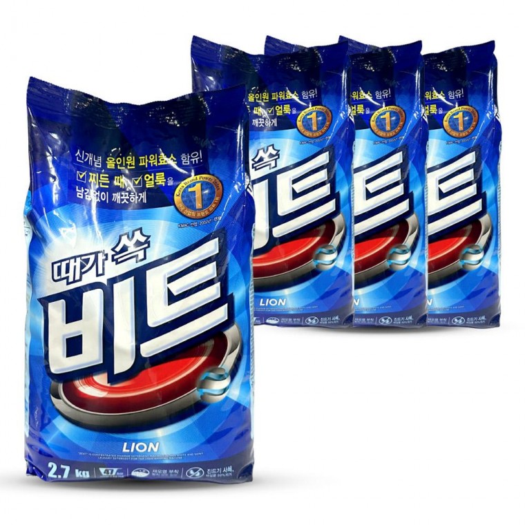 라이온 때가 쏙 비트 분말 세탁 세제 리필 2.7kg 4개 - 상품 이미지