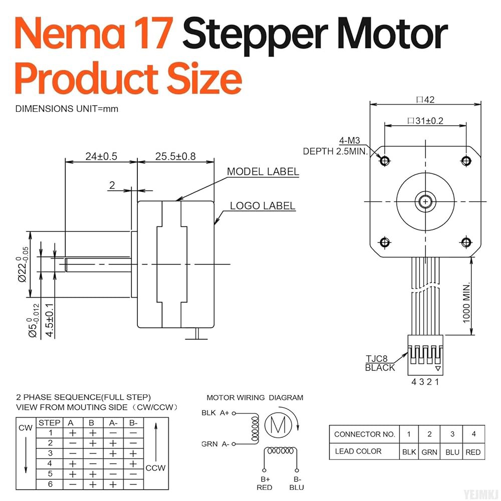 YEJMKJ 3팩 네마 17 스테퍼 모터 1.8 u200C u200C 2상 고토크 0.26Nm(36.82온스 인치) 바이폴라 42x26mm 2.0A 1.5 4-리드 샤프트 24mm - 상세 이미지 2