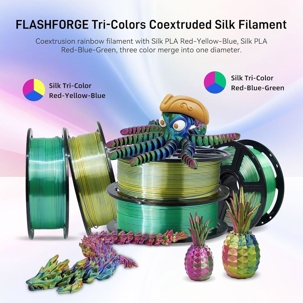 플래시포지 실크 삼색 PLA 필라멘트 1.75mm, 공압출 레드 블루 그린 무지개, 1kg, 3D 프린터 1 Silky Copper - 상세 이미지 3