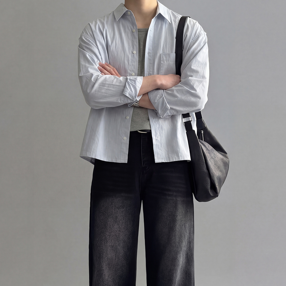 [SET] 크롭 셔츠 + 뒷밴딩 와이드 데님팬츠 - 상세 이미지 5