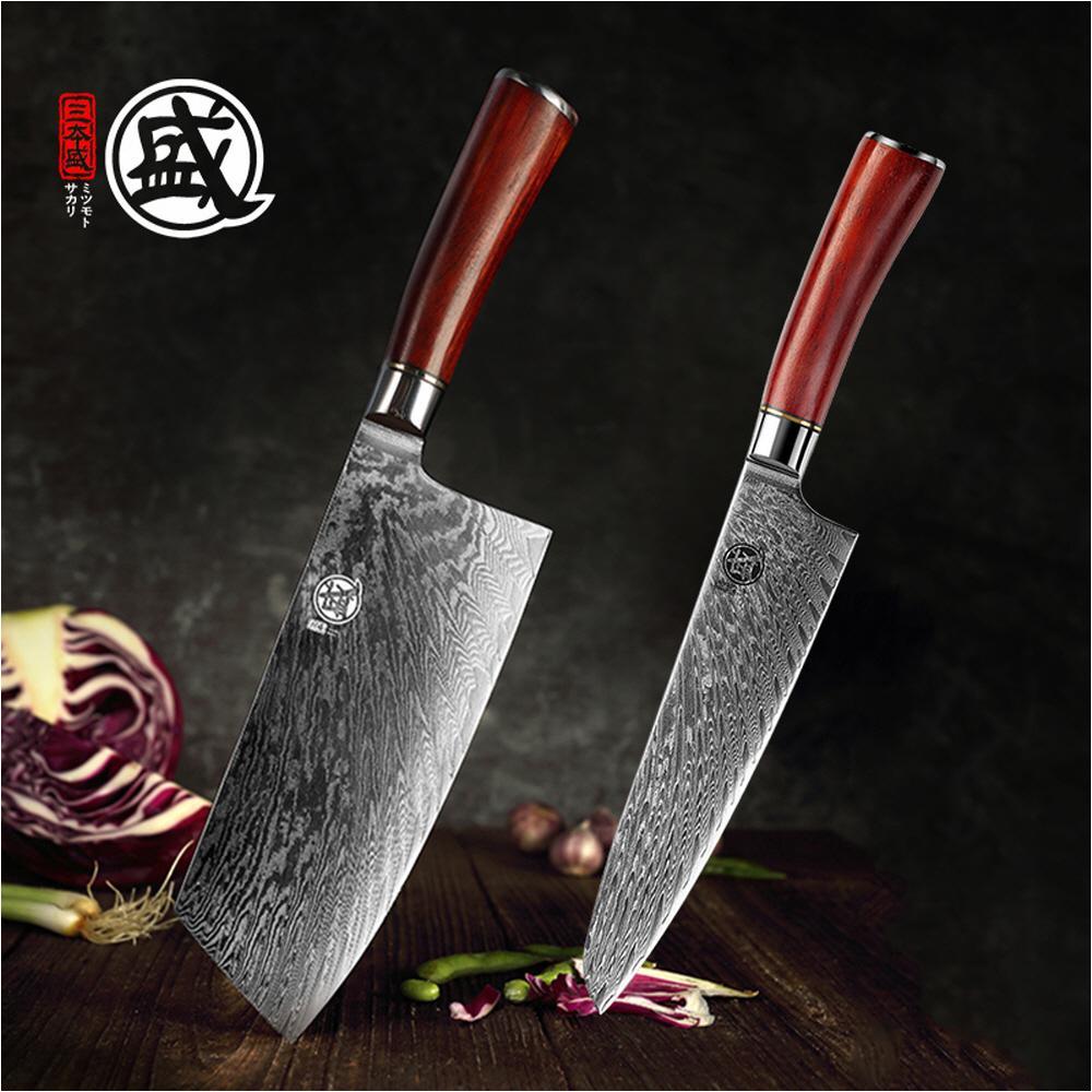 (2PCS 세트상품) 일본 Sanben Grand Mascus 다마스커스 스틸 슬라이싱 나이프 식칼 가정용 주방 부엌 칼 - 상품 이미지