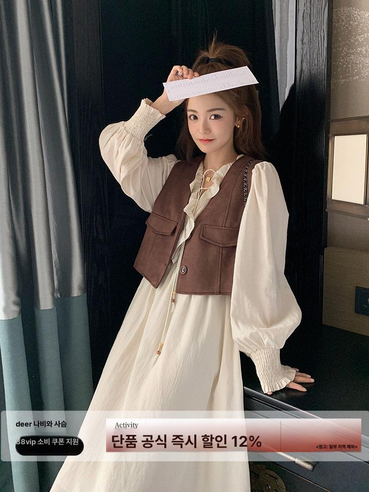 가을 여성용 롱원피스 조끼 세트 슬림핏 레이어드 데이트 아이템 - 상세 이미지 2