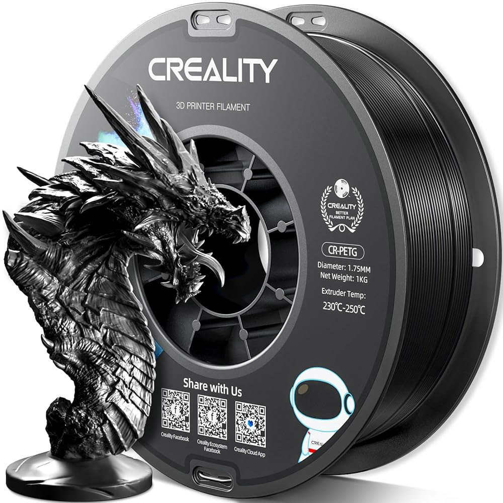 공식 크리에이티 PETG 3D 프린터 필라멘트 1.75mm 1KG (2.2파운드), 고정밀, 강한 인성, 무취, 더 나은 흐름, 방습 프린팅 CR 필라멘트, 블랙 - 상품 이미지