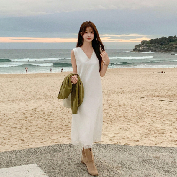 실키 레이스 밑단 레이어드 나시 롱 원피스 op16275 - 상품 이미지