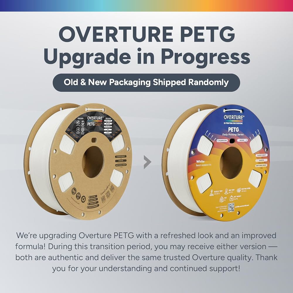 Overture 4KG 번들 PETG 3D 프린터 필라멘트 1.75mm, 깔끔하게 감긴 내구성 4 팩 1kg(2.2파운드), 견고한 필라멘트, 치수 정확도 + /- 0.02mm, - 상세 이미지 2