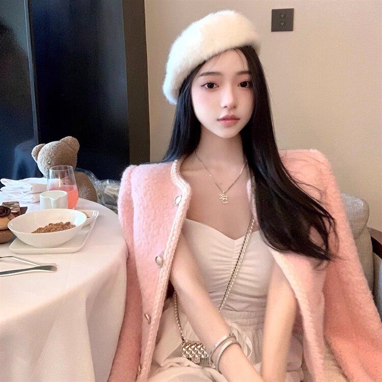 핑크 트위드 하객룩 노카라 바람막이 자켓 롱 후드 재킷 오버핏 퀼팅 여성 방송 패션 캐주얼 분유색상 S - 상세 이미지 2