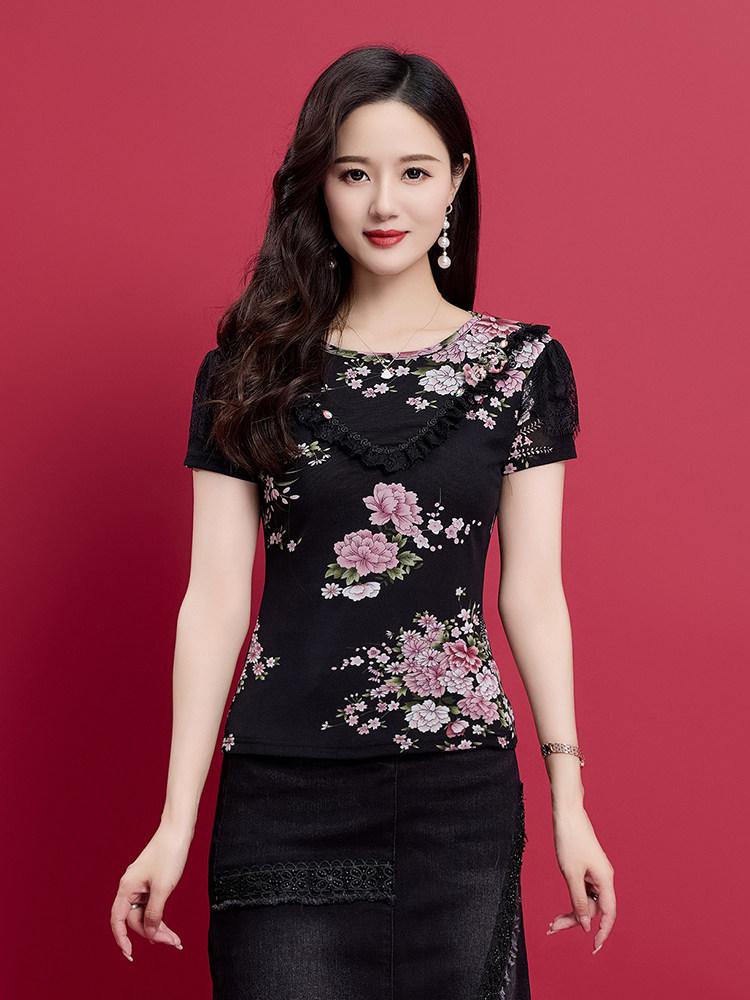 꽃무늬 라운드넥 메쉬 동호회 댄스반팔티 단체티 라인댄스 블랙 S - 상품 이미지