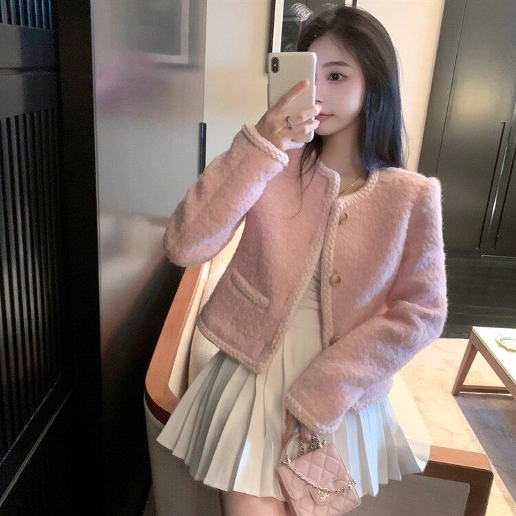 핑크 트위드 하객룩 노카라 바람막이 자켓 롱 후드 재킷 오버핏 퀼팅 여성 방송 패션 캐주얼 분유색상 S - 상세 이미지 3