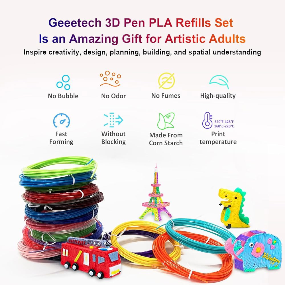 지텍 20색 PLA 3D 펜 필라멘트 리필, 1.75mm 필라멘트, 각 색상 9.84피트, 총 196.8피트, 2개의 핑거 캡과 200개 이상의 스텐실 전자책이 포함된 팩, SCR - 상세 이미지 3