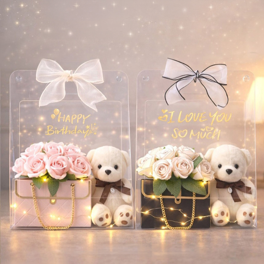 로맨틱 LED 곰돌이 핸드백 꽃다발 여자친구 와이프 결혼기념일 생일 비누 장미 화이트데이 - 상세 이미지 2