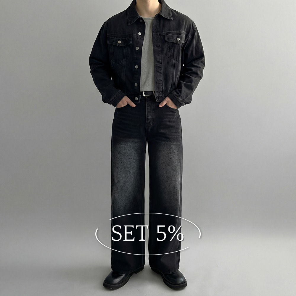 [SET] 크롭 청자켓 + 뒷밴딩 와이드 데님팬츠 - 상품 이미지