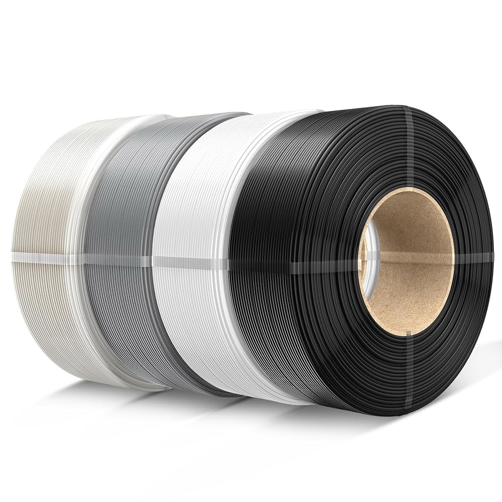 SUNLU 리필 PETG 필라멘트 1.75mm, 3D 프린터 필라멘트, 밤부 랩 및 재사용 가능한 스풀에 적합, 스풀당 1kg, 4팩, 4가지 색상, 블랙+화이트+그레이+투명 - 상품 이미지