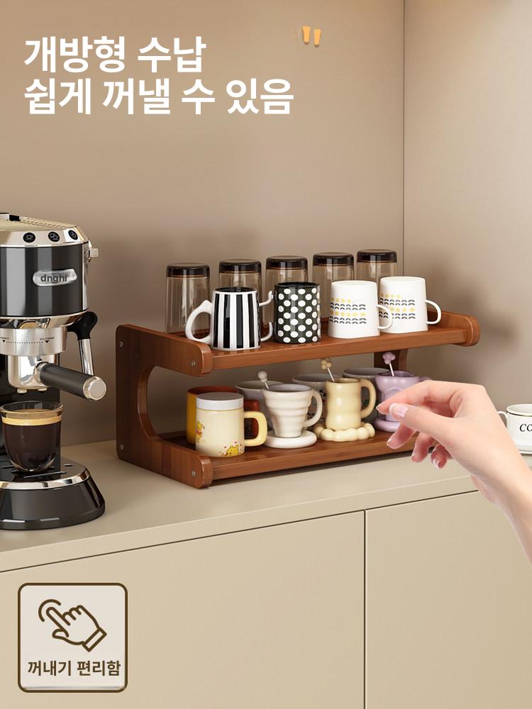 주방 정리 식탁 수납 다층 선반 식기 원목 양념통 컵 2칸 67cm - 상세 이미지 4