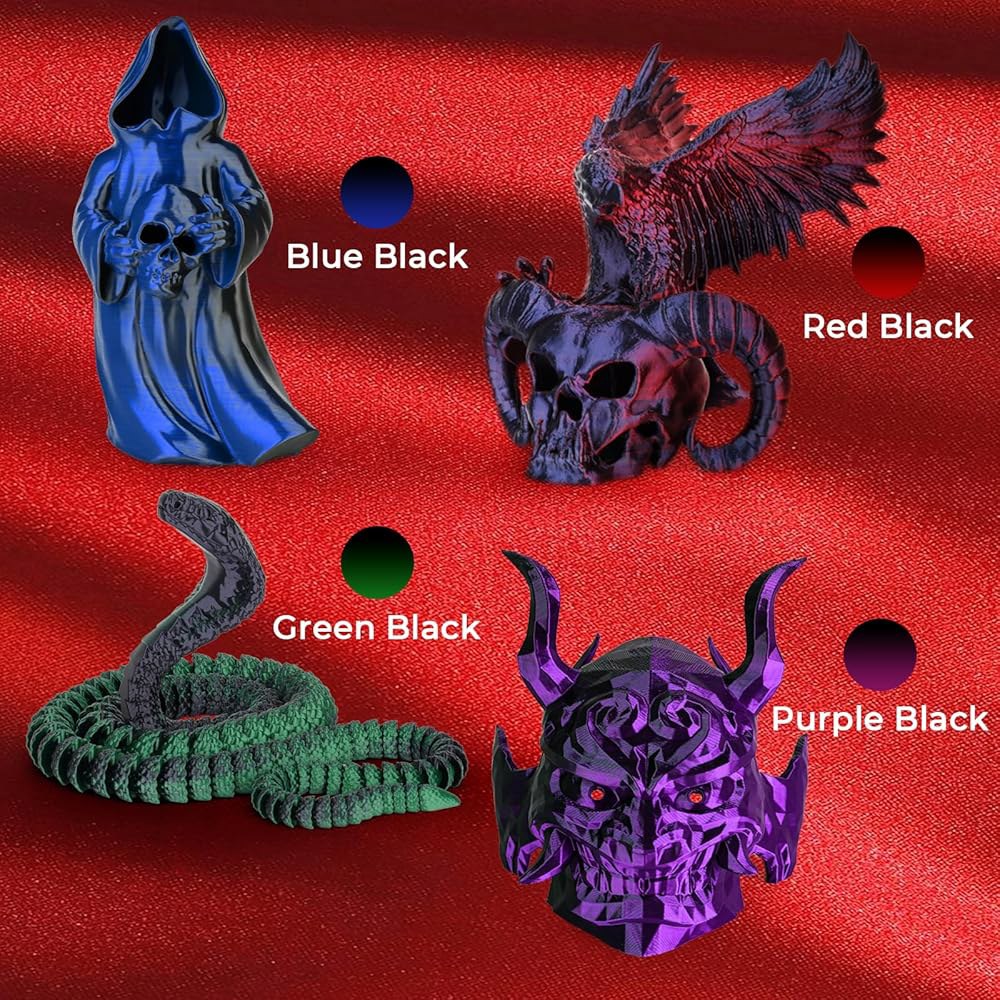 아몰렌 실크 PLA 3D 프린터 필라멘트 번들, 반짝이는 듀얼 컬러 1.75mm 팩, 대부분의 FDM 프린터용 색상 변경 프린팅 필라멘트, 블랙 시리즈 200g X 4 스풀 - 상세 이미지 2