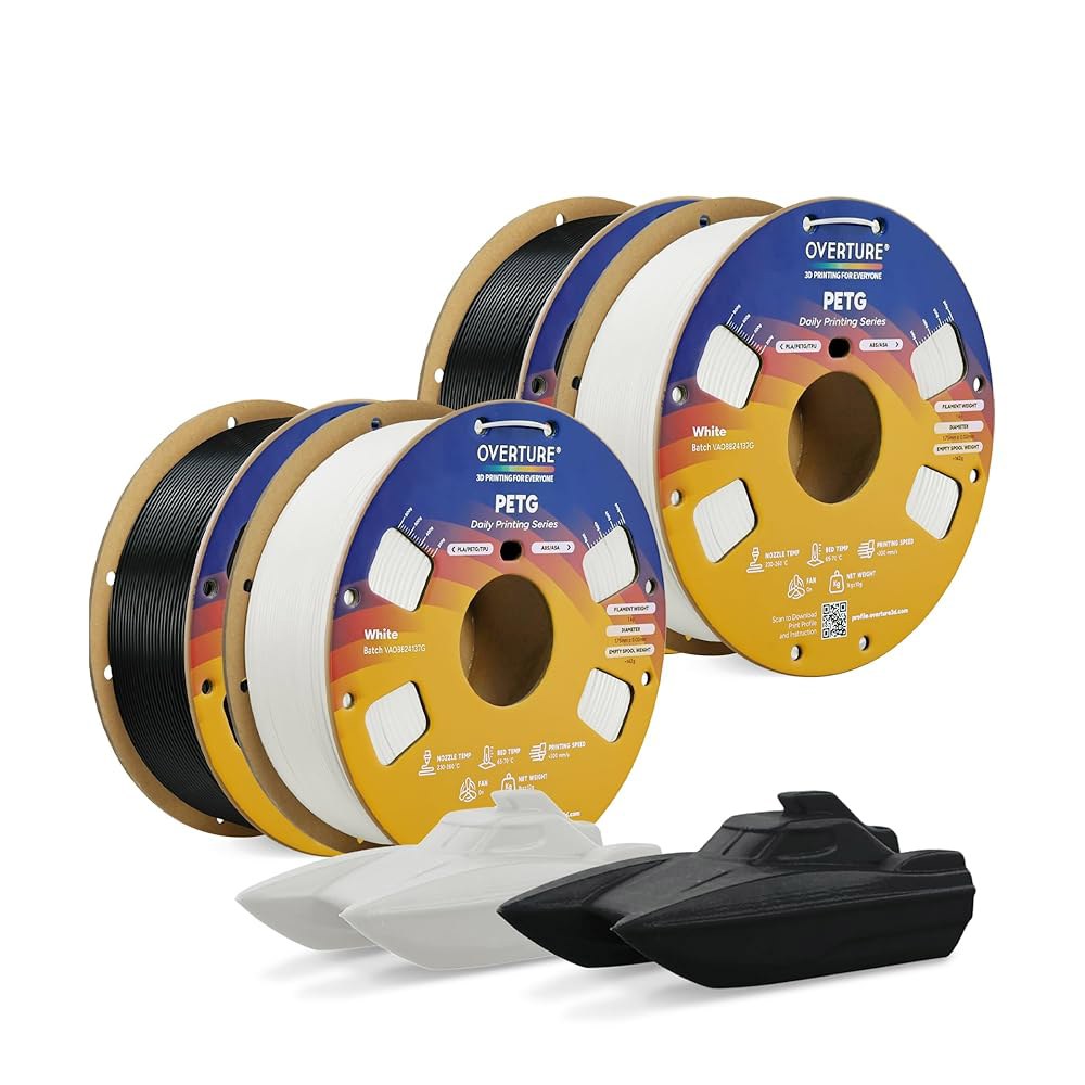 Overture 4KG 번들 PETG 3D 프린터 필라멘트 1.75mm, 깔끔하게 감긴 내구성 4 팩 1kg(2.2파운드), 견고한 필라멘트, 치수 정확도 + /- 0.02mm, - 상품 이미지