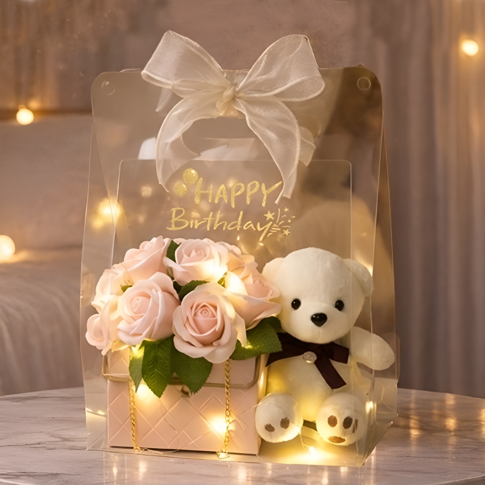 로맨틱 LED 곰돌이 핸드백 꽃다발 여자친구 와이프 결혼기념일 생일 비누 장미 화이트데이 - 상품 이미지