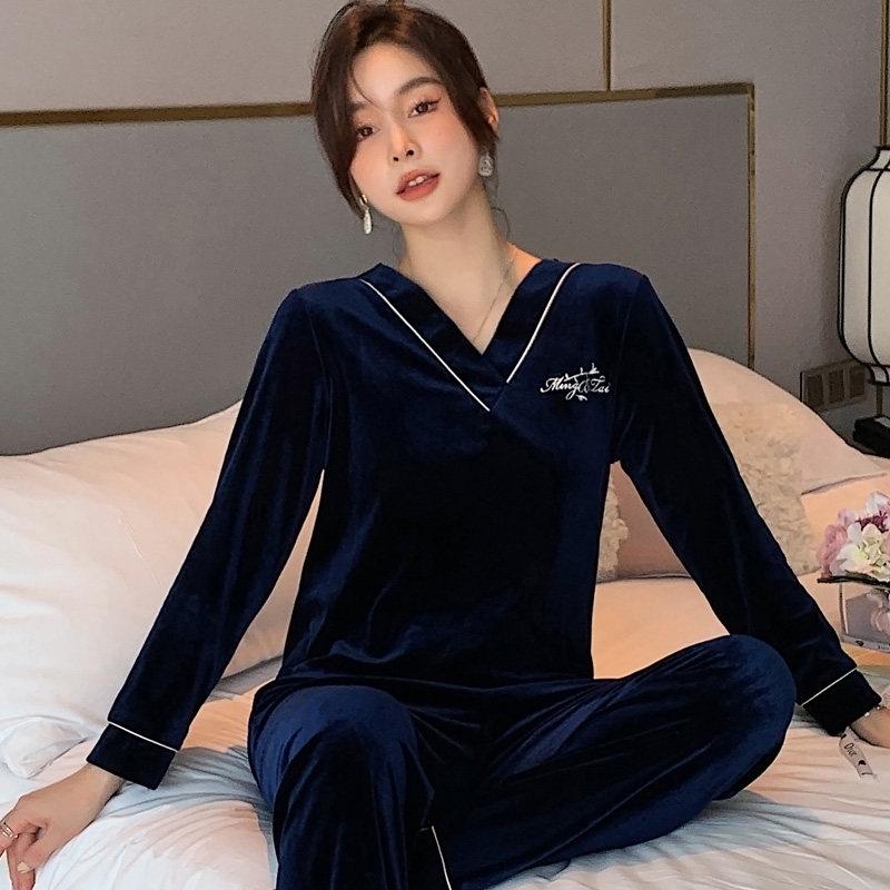 커플잠옷 커플잠옷세트 가을 겨울 플란넬 여성 잠옷 세트 단색 따뜻한 실크잠옷 귀여운 - 상세 이미지 2