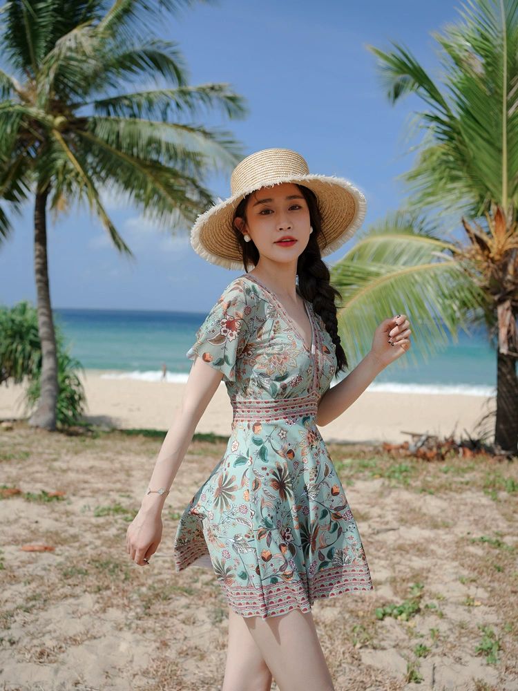 동남아휴양지 커플 수영복 비취웨어 해변 온천 휴양지룩 신혼여행 그린리프 플라워 여성용 M - 상세 이미지 4