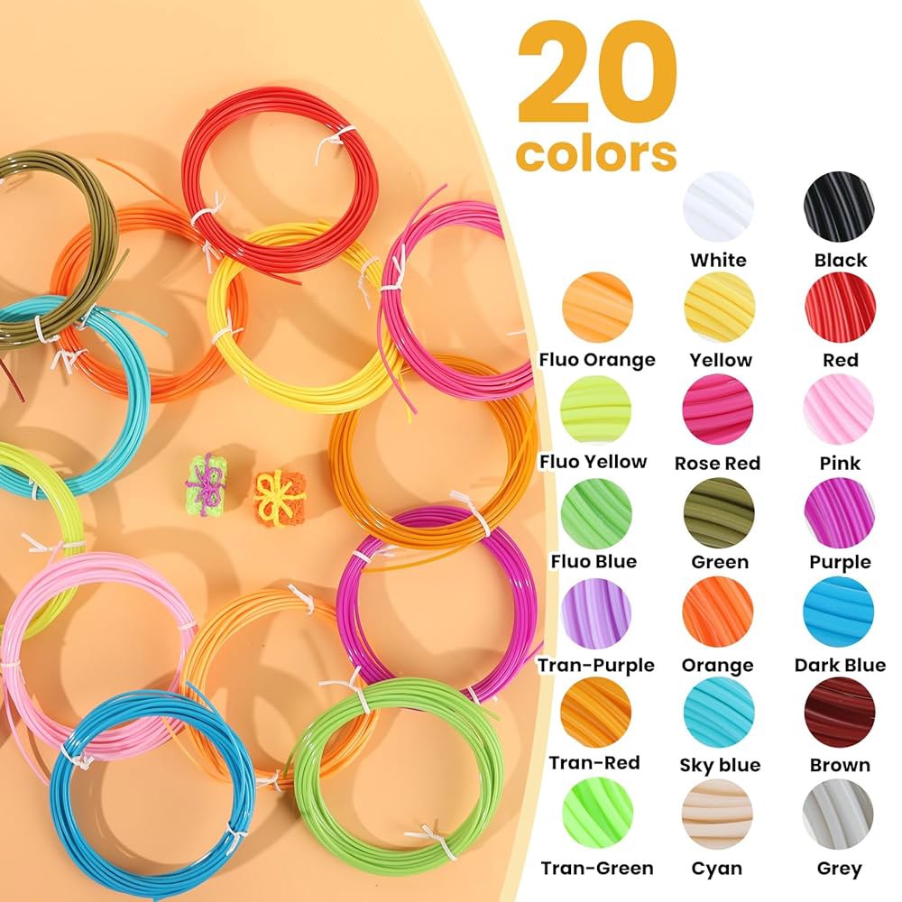 1.75mm 3D 펜 필라멘트 리필, 컬러당 16.4피트의 컬러 PLA 20개(328피트), 프린팅 펜, DIY 예술 및 공예 프로젝트용 - 상세 이미지 3