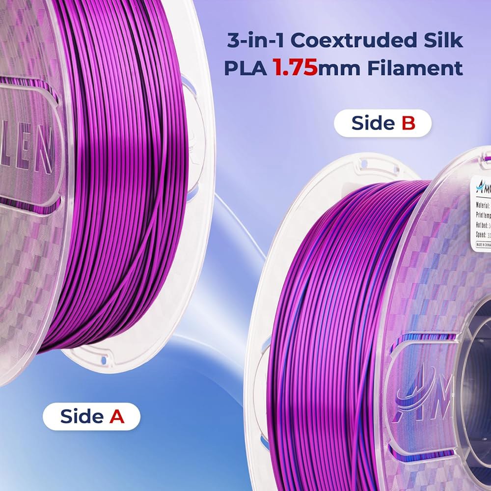 아몰렌 실크 PLA 3D 프린터 필라멘트, 트라이 컬러 블랙 블루 퍼플 1.75mm, 반짝이는 멀티 체인지 필라멘트 대부분의 FDM 프린터용 프린팅 1kg 스풀(2.2파운드) - 상세 이미지 3