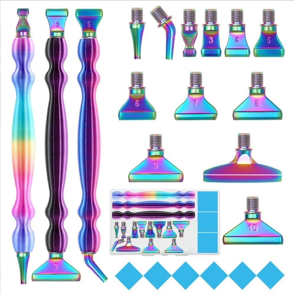 다이아몬드 아트 페인팅 펜 키트, 레인보우, 21개, 12개의 금속 나사산 팁이 있는 3개, 3D 프린팅 본체, 5D 도구 액세서리, DIY 수제 공예를 위한 멀티 플레이서 - 상품 이미지