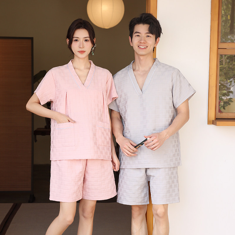 찜질방옷 사우나복 마사지 단체복 찜질복 상하의 핑크 체크 S - 상세 이미지 5