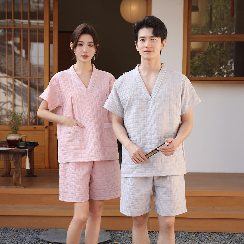 찜질방옷 사우나복 마사지 단체복 찜질복 상하의 핑크 체크 S - 상세 이미지 4