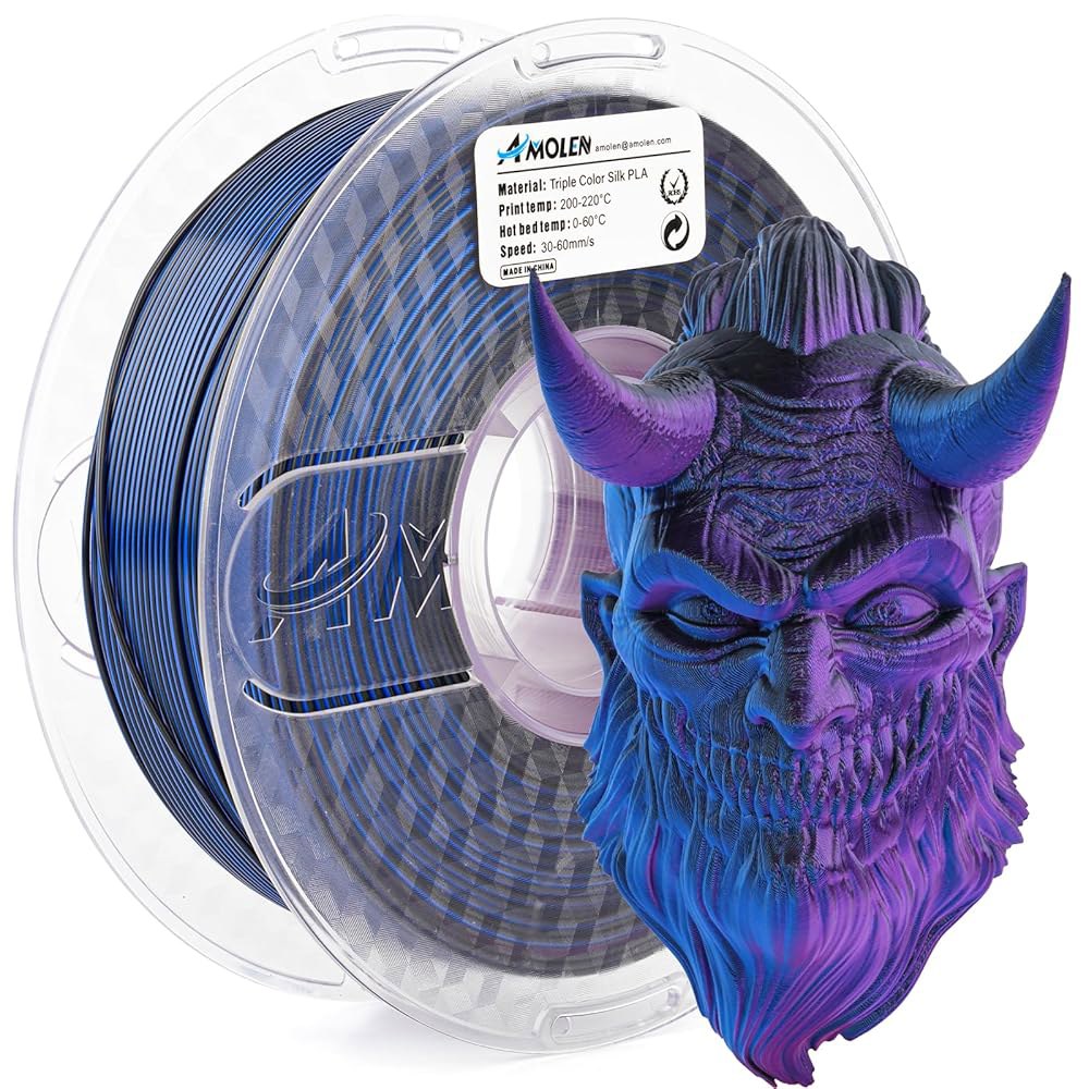 아몰렌 실크 PLA 3D 프린터 필라멘트, 트라이 컬러 블랙 블루 퍼플 1.75mm, 반짝이는 멀티 체인지 필라멘트 대부분의 FDM 프린터용 프린팅 1kg 스풀(2.2파운드) - 상품 이미지