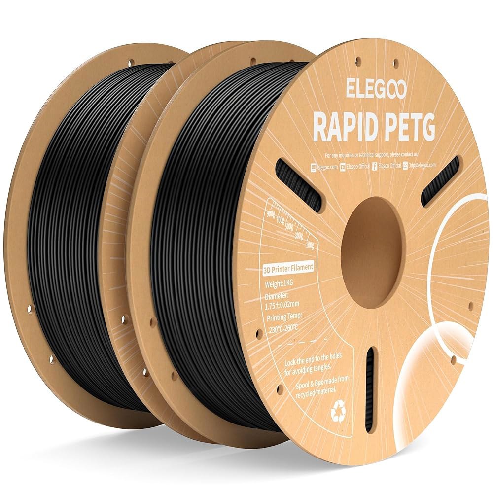 엘레구 래피드 PETG 필라멘트 1.75mm 블랙 2KG, 고속 30-600mm/s 3D 프린터 치수 정확도 + /- 0.02mm, 1kg 골판지 스풀(2.2파운드) 대부분의 FD - 상품 이미지