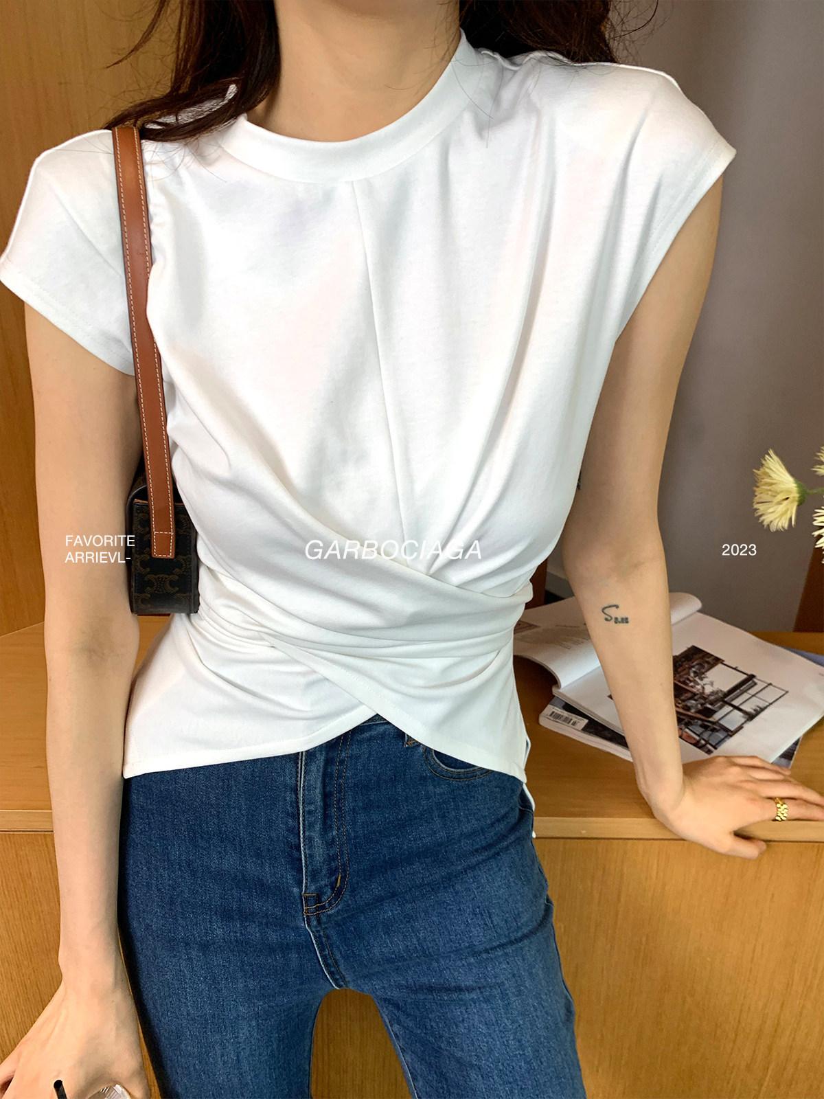 블루 셔링 랩 티셔츠 프렌치 스타일 드라마 샵 고퀄 데일리 캐주얼 - 상세 이미지 5