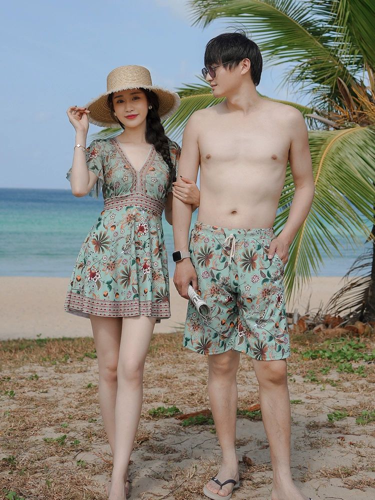 동남아휴양지 커플 수영복 비취웨어 해변 온천 휴양지룩 신혼여행 그린리프 플라워 여성용 M - 상품 이미지