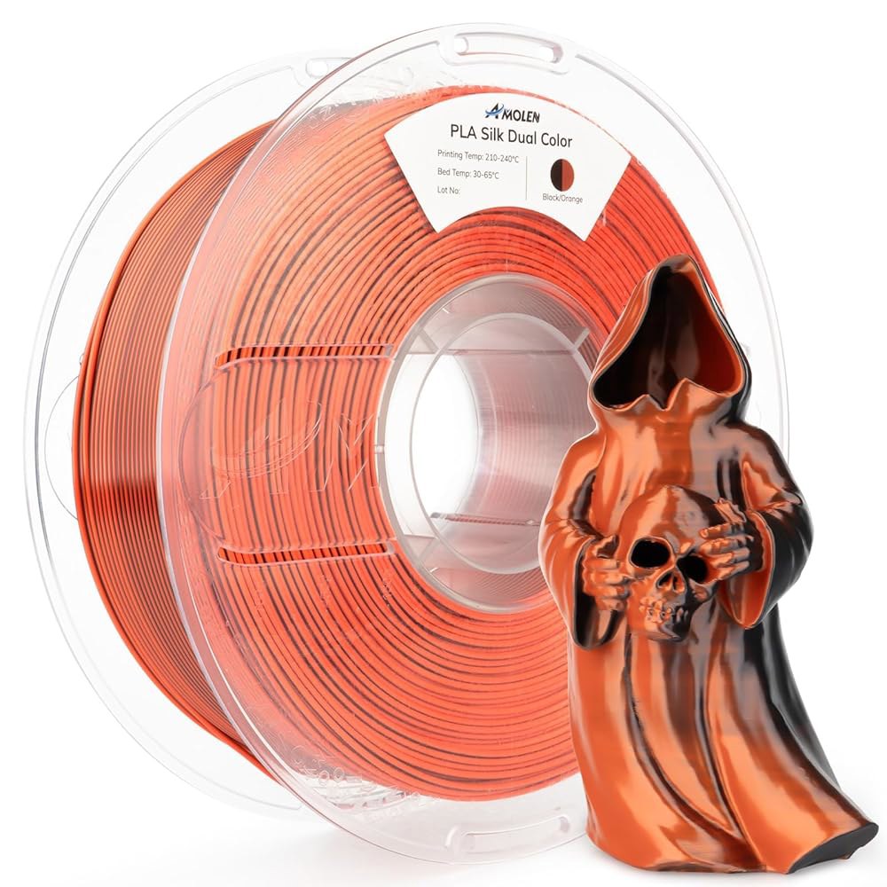 아몰렌 실크 PLA 3D 프린터 필라멘트, 듀얼 컬러 블랙 오렌지 1.75mm, 반짝이는 색상 변경 필라멘트 대부분의 FDM 프린터용 프린팅 1kg 스풀(2.2파운드) - 상품 이미지
