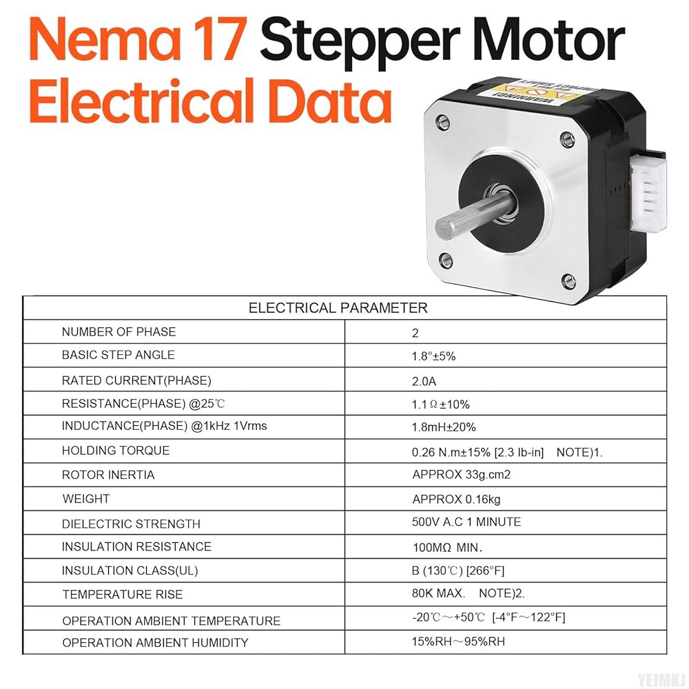 YEJMKJ 5팩 네마 17 스테퍼 모터 2상 1.8 u200C u200C 0.26Nm(36.82온스 인치) 고토크 바이폴라 26mm 1.1 2.0A 4와이어 샤프트 24mm 5m - 상세 이미지 3
