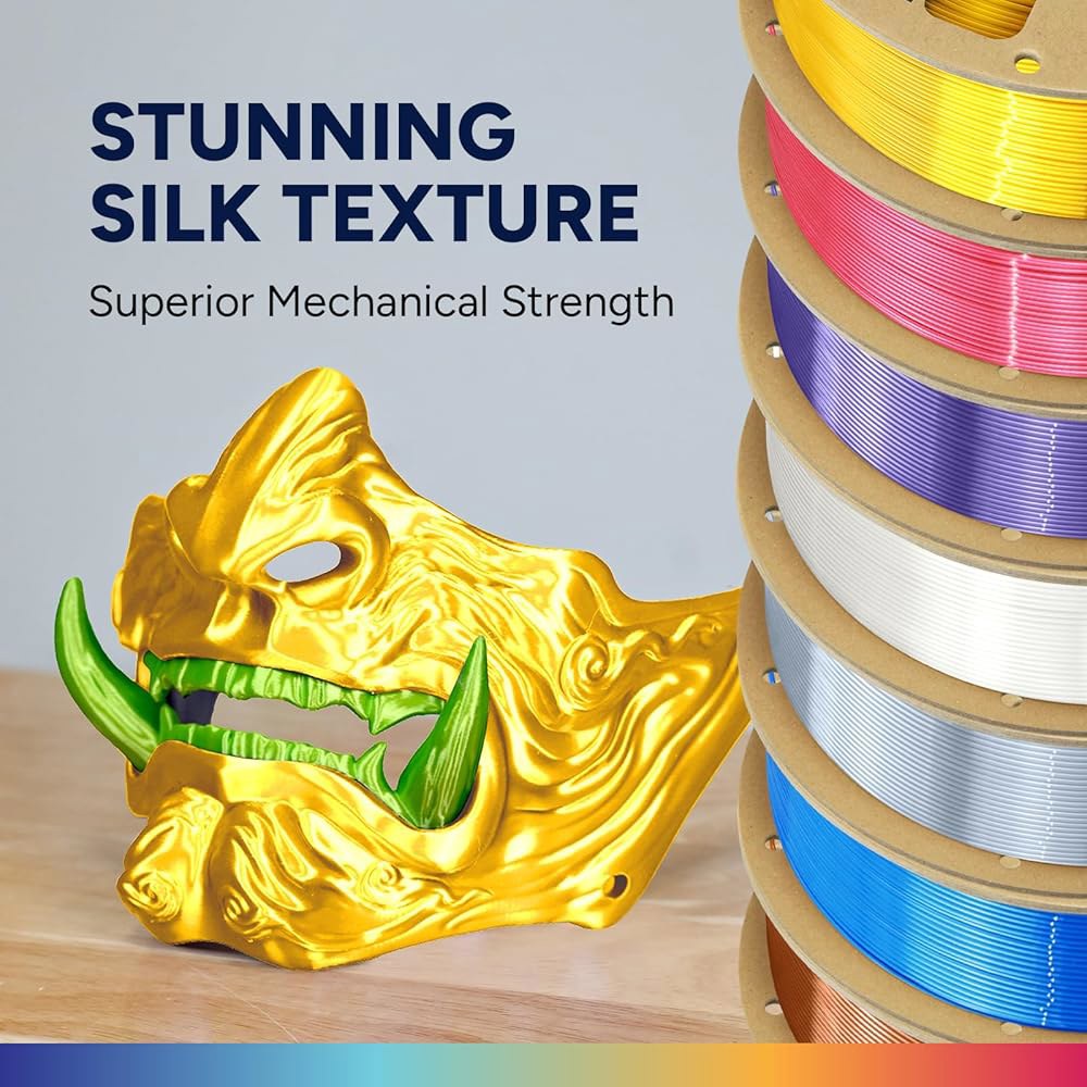 Overture 실크 PLA 필라멘트 번들, 막힘 없는 반짝임, 메탈릭 샤인 3D 프린터 필라멘트, 1kg 스풀 4롤(실크 골드+실크 실버+실크 코페+실크 블루-실버) - 상세 이미지 2
