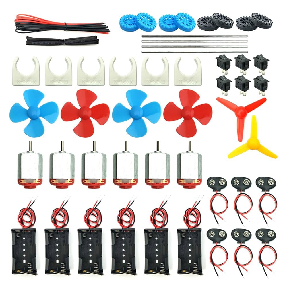 EUDAX 6 세트 DC 모터 키트, 미니 전기 취미 3V -12V 25000 RPM 강력 자기, 샤프트 프로펠러 포함, AA 배터리 홀더 2개, 9V 클립 커넥터, DIY 과학 - 상품 이미지