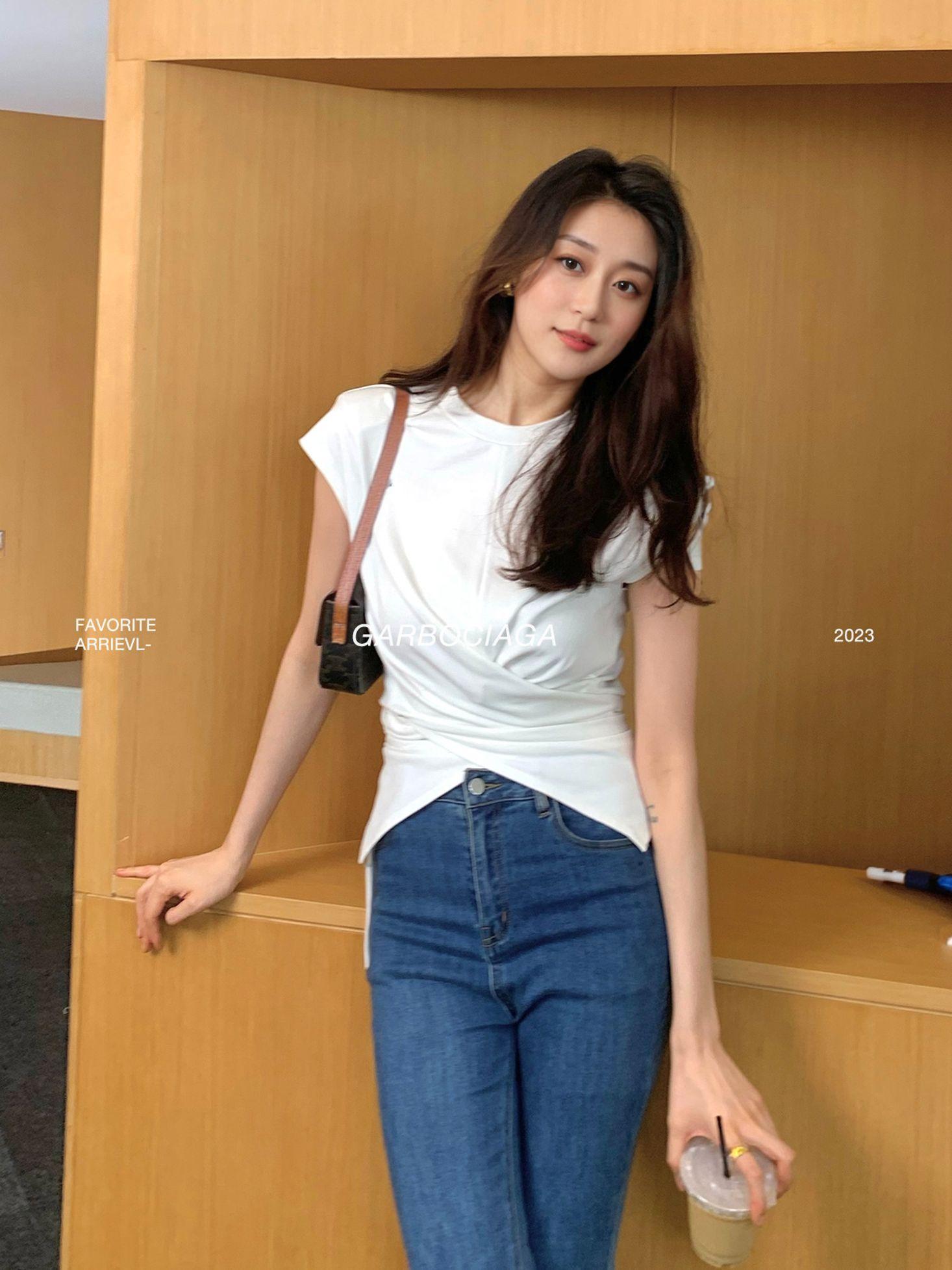 블루 셔링 랩 티셔츠 프렌치 스타일 드라마 샵 고퀄 데일리 캐주얼 - 상세 이미지 2